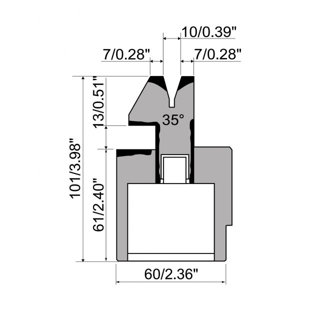 Pneumatische Zudrückmatrize R1 mit Arbeitshöhe=101mm, α=35°, Radius=1mm, Material=C45, Max. Presskraft=600