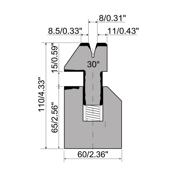 Federgelagerte Zudrückmatrize R1  mit Arbeitshöhe=110mm, α=30°, Radius=1,5mm, Material=C45, Max. Presskraf