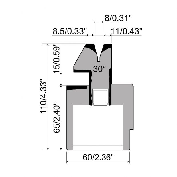 Pneumatische Zudrückmatrize R1 mit Arbeitshöhe=135mm, α=26°, Radius=1,5mm, Material=C45, Max. Presskraft=8