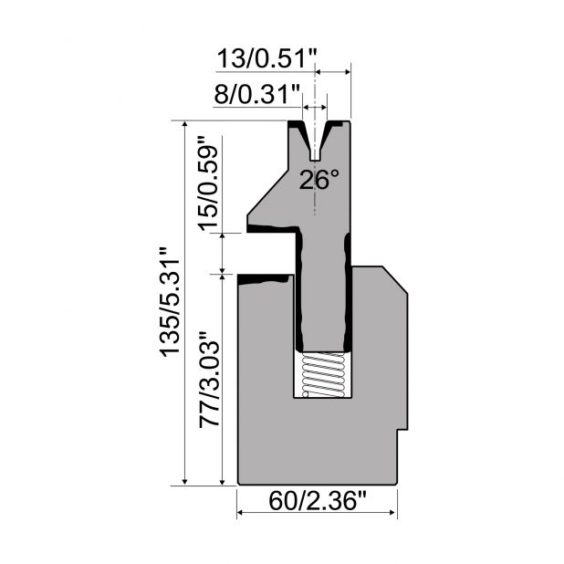 Federgelagerte Zudrückmatrize R1  mit Arbeitshöhe=135mm, α=26°, Radius=1,5mm, Material=42Cr, Max. Presskra