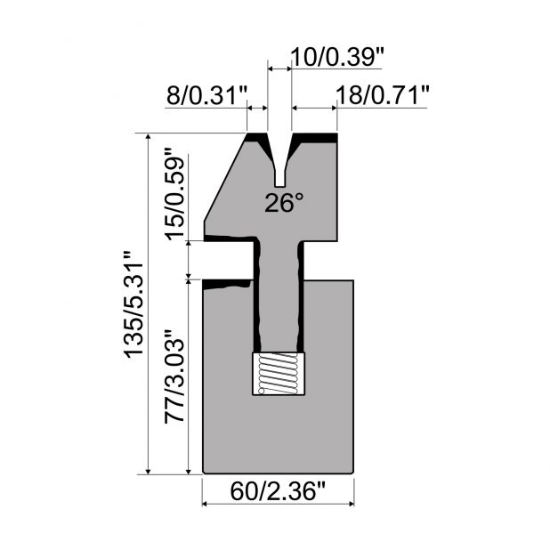 Federgelagerte Zudrückmatrize R1  mit Arbeitshöhe=135mm, α=26°, Radius=1,5mm, Material=C45, Max. Presskraf