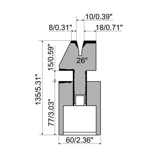 Pneumatische Zudrückmatrize R1 mit Arbeitshöhe=135mm, α=26°, Radius=1,5mm, Material=C45, Max. Presskraft=