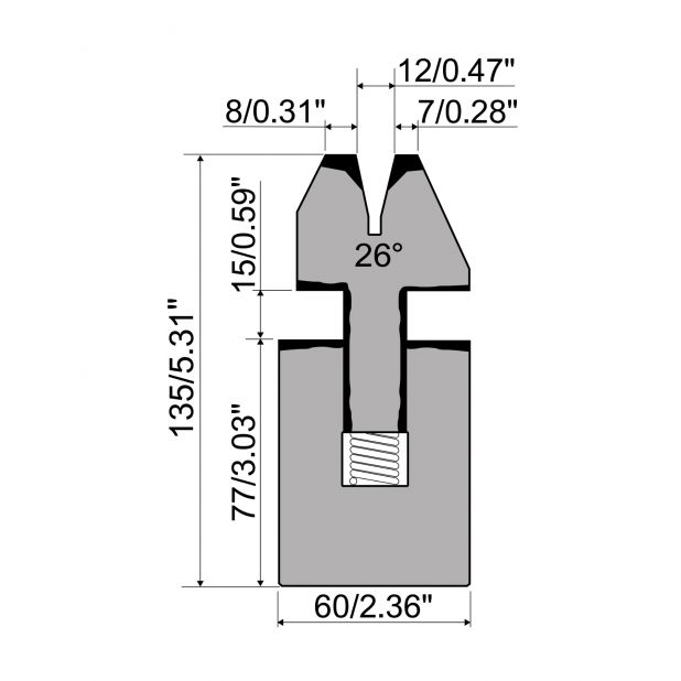 Federgelagerte Zudrückmatrize R1  mit Arbeitshöhe=135mm, α=26°, Radius=2mm, Material=C45, Max. Presskraft=