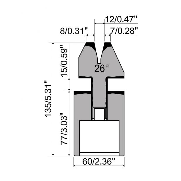 Pneumatische Zudrückmatrize R1 mit Arbeitshöhe=135mm, α=26°, Radius=2mm, Material=C45, Max. Presskraft=100