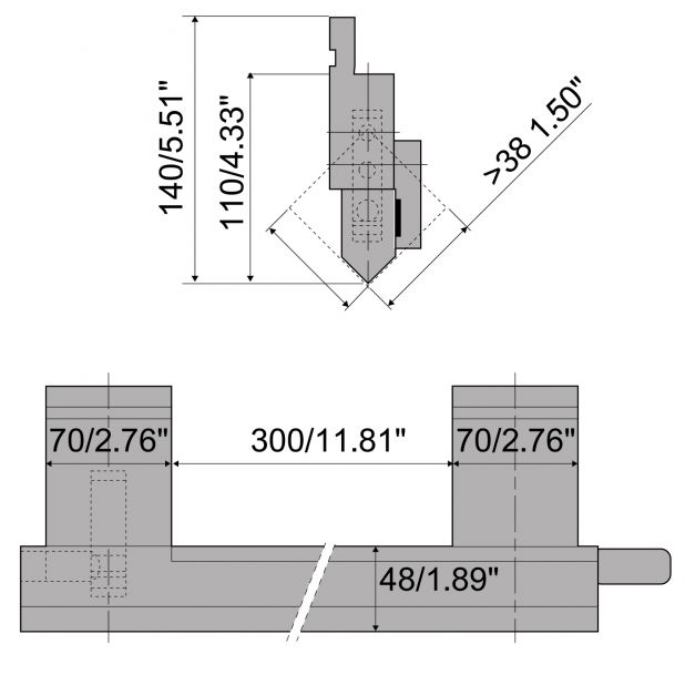 Punch for closed profile with working height=110mm, Material=C45, Max. load=150kN/m.