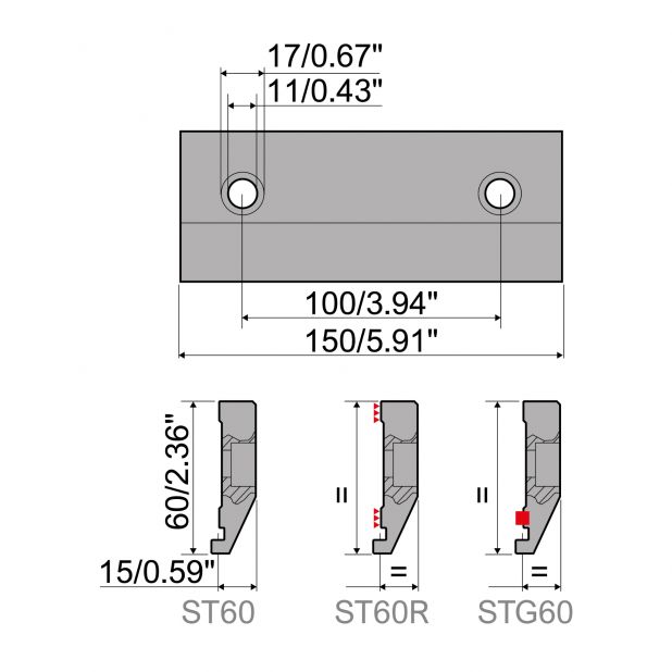 Klemmplatte in Fe37 mit Antifallnut für Oberwerkzeuge Typ R1, Länge 150 mm.