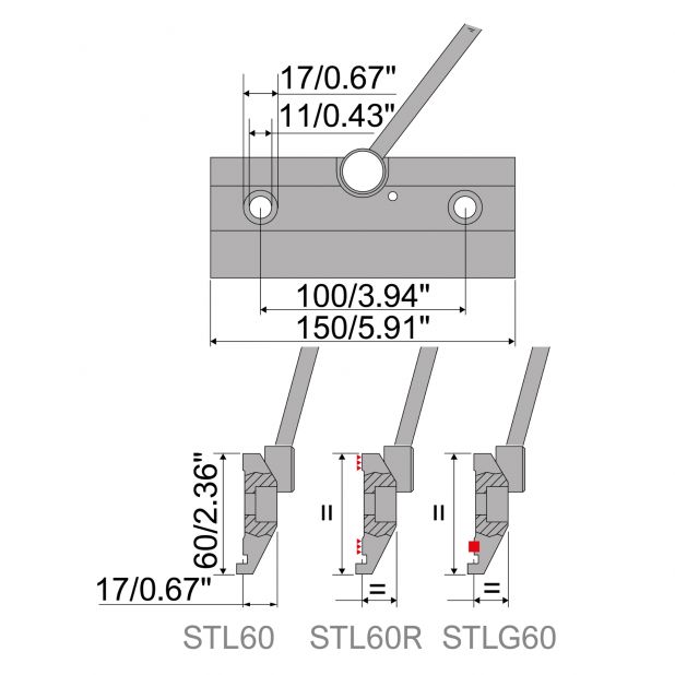 Klemmplatte in Fe37 mit Handhebel für Oberwerkzeuge Typ R1, Länge 150 mm.