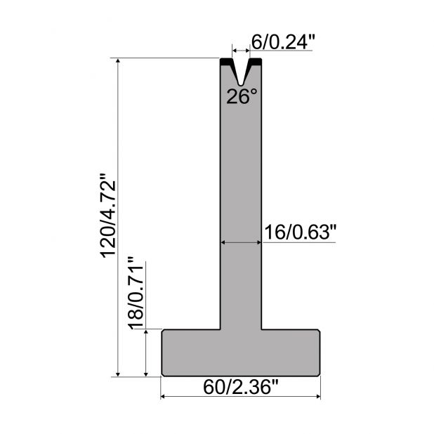 T-Matrize R1 mit Höhe=120mm, α=26°, Radius=0,8mm, Material=C45, Max. Presskraft=200kN/m.