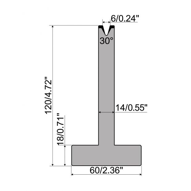 T-Matrize R1 mit Höhe=120mm, α=30°, Radius=0,6mm, Material=C45, Max. Presskraft=350kN/m.