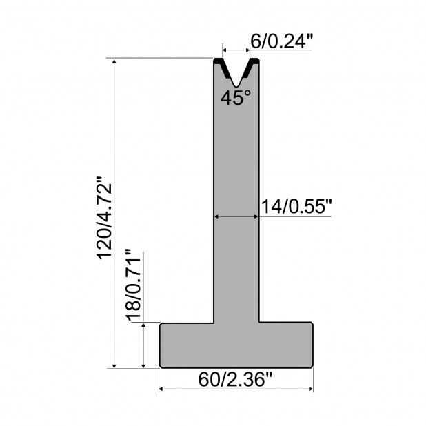 T-Matrize R1 mit Höhe=120mm, α=45°, Radius=0,8mm, Material=C45, Max. Presskraft=500kN/m.