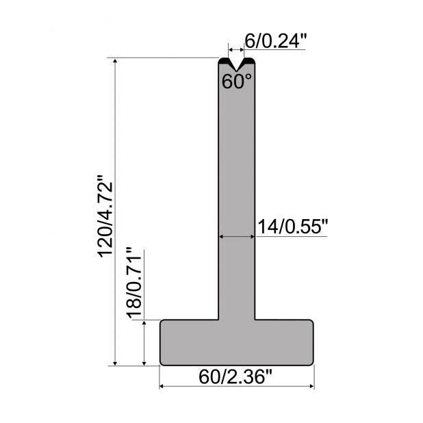 T-Matrize R1 mit Höhe=120mm, α=60°, Radius=0,5mm, Material=C45, Max. Presskraft=600kN/m.