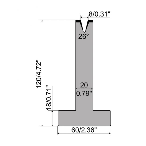 T-Matrize R1 mit Höhe=120mm, α=26°, Radius=1mm, Material=C45, Max. Presskraft=200kN/m.