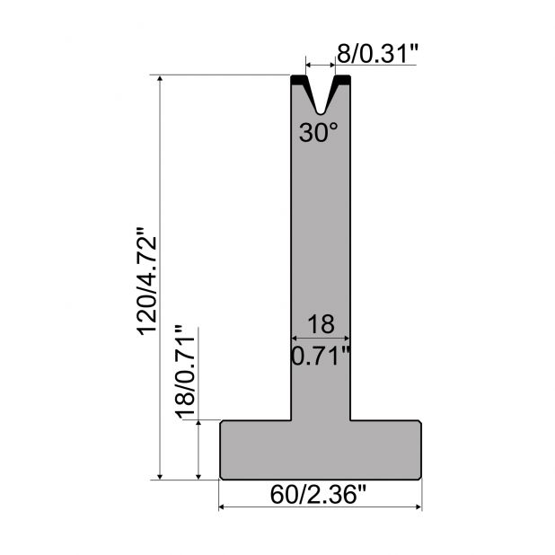 T-Matrize R1 mit Höhe=120mm, α=30°, Radius=0,8mm, Material=C45, Max. Presskraft=350kN/m.