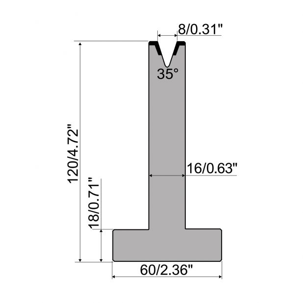 T-Matrize R1 mit Höhe=120mm, α=35°, Radius=1mm, Material=C45, Max. Presskraft=350kN/m.