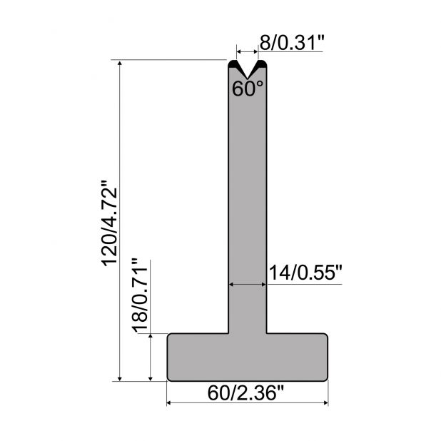 T-Matrize R1 mit Höhe=120mm, α=60°, Radius=1,5mm, Material=C45, Max. Presskraft=600kN/m.
