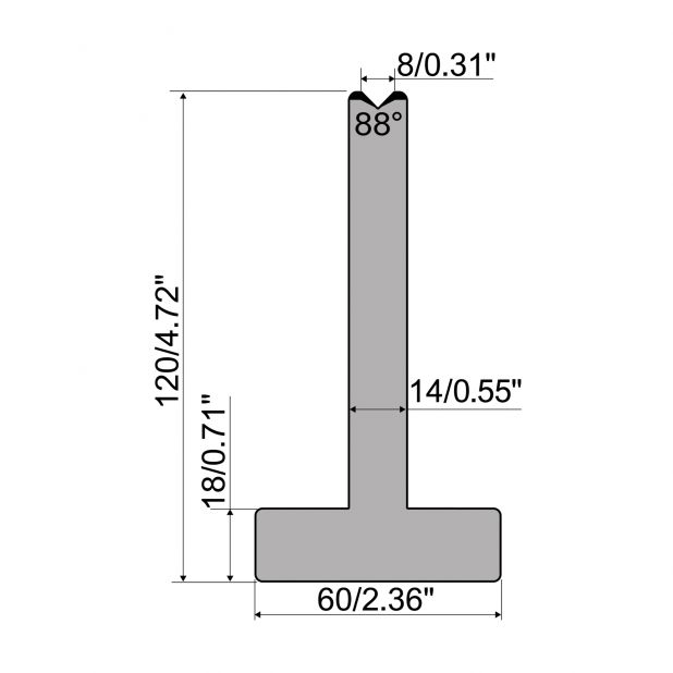 T-Matrize R1 mit Höhe=120mm, α=88°, Radius=0,5mm, Material=C45, Max. Presskraft=1000kN/m.