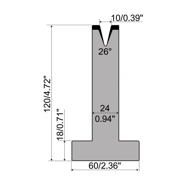 T-Matrize R1 mit Höhe=120mm, α=26°, Radius=1,2mm, Material=C45, Max. Presskraft=200kN/m.
