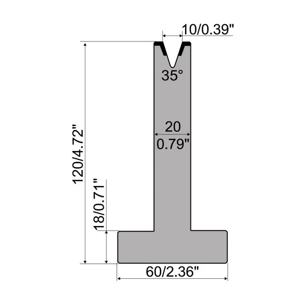 T-Matrize R1 mit Höhe=120mm, α=35°, Radius=1,2mm, Material=C45, Max. Presskraft=400kN/m.