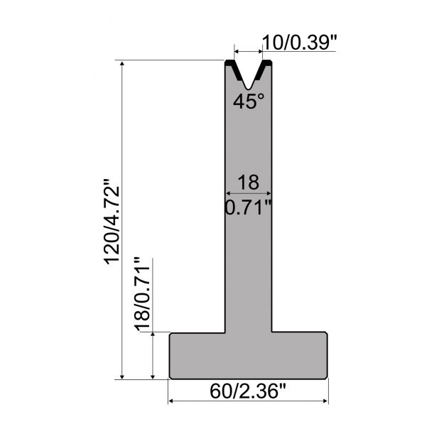 T-Matrize R1 mit Höhe=120mm, α=45°, Radius=1,2mm, Material=C45, Max. Presskraft=500kN/m.
