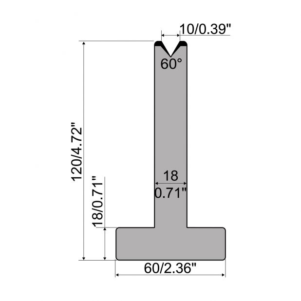 T-Matrize R1 mit Höhe=120mm, α=60°, Radius=2,75mm, Material=C45, Max. Presskraft=600kN/m.