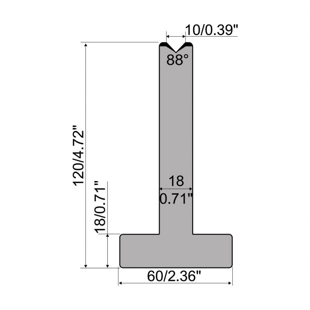 T-Matrize R1 mit Höhe=120mm, α=88°, Radius=0,8mm, Material=C45, Max. Presskraft=1000kN/m.