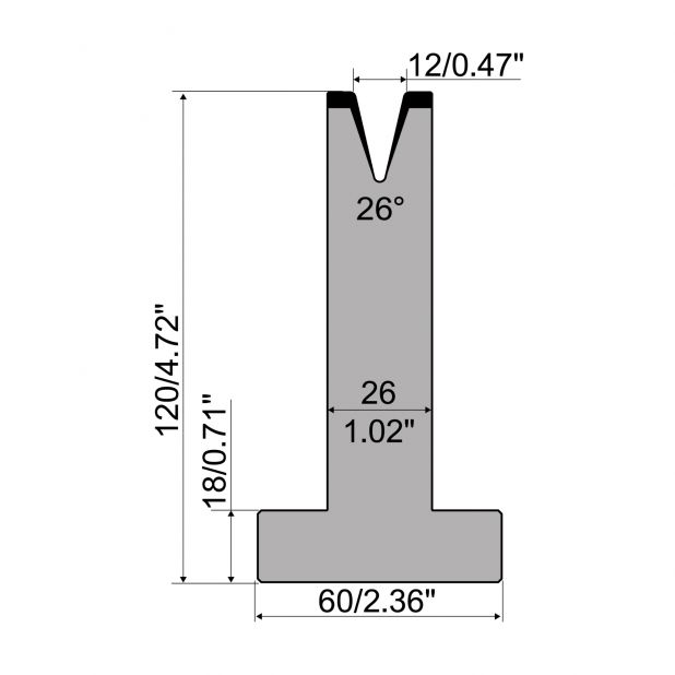 T-Matrize R1 mit Höhe=120mm, α=26°, Radius=1,6mm, Material=C45, Max. Presskraft=200kN/m.