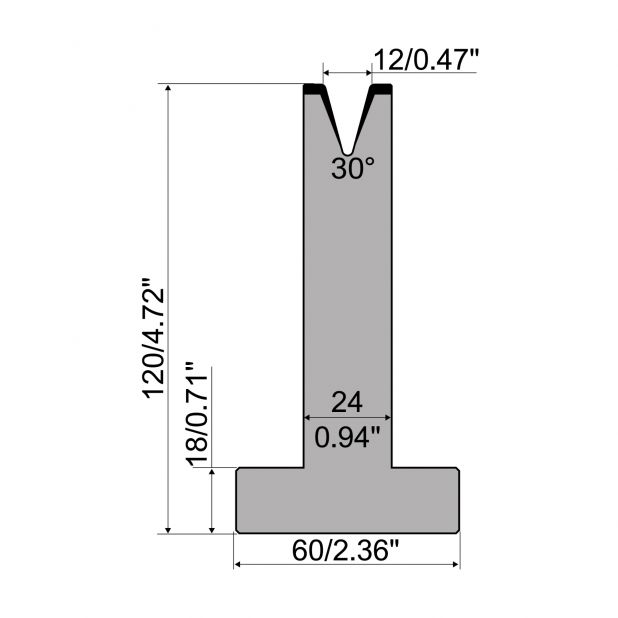 T-Matrize R1 mit Höhe=120mm, α=30°, Radius=1,5mm, Material=C45, Max. Presskraft=400kN/m.