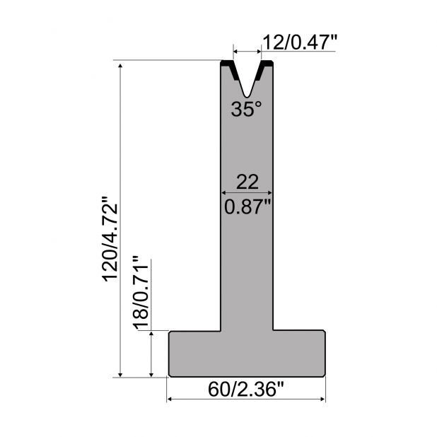 T-Matrize R1 mit Höhe=120mm, α=35°, Radius=1,6mm, Material=C45, Max. Presskraft=400kN/m.