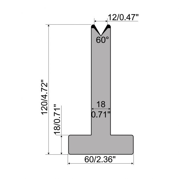 T-Matrize R1 mit Höhe=120mm, α=60°, Radius=0,8mm, Material=C45, Max. Presskraft=600kN/m.