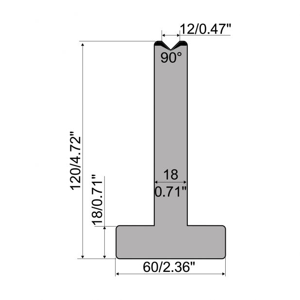 T-Matrize R1 mit Höhe=120mm, α=90°, Radius=0,8mm, Material=C45, Max. Presskraft=1000kN/m.