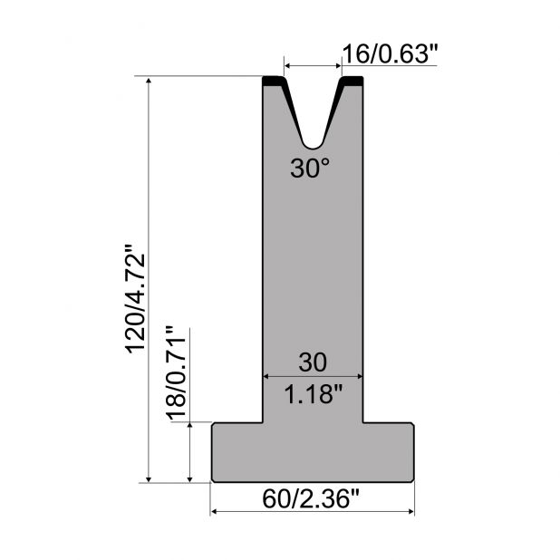 T-Matrize R1 mit Höhe=120mm, α=30°, Radius=2mm, Material=C45, Max. Presskraft=450kN/m.