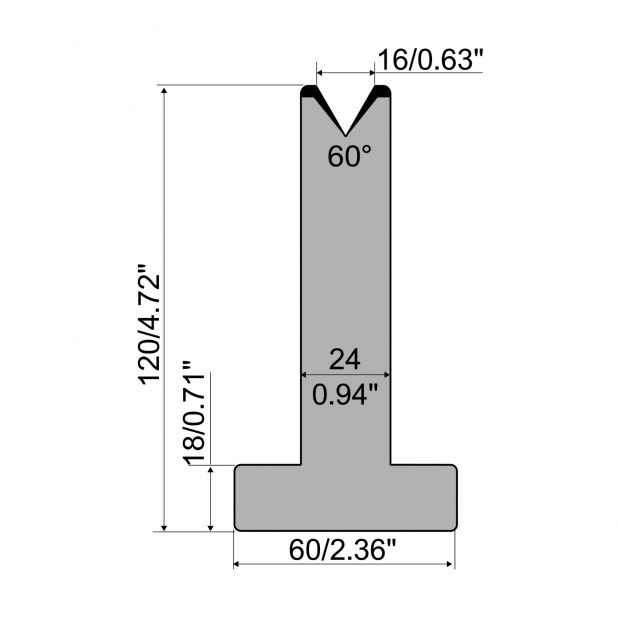 T-Matrize R1 mit Höhe=120mm, α=60°, Radius=2,75mm, Material=C45, Max. Presskraft=600kN/m.