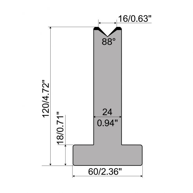 T-Matrize R1 mit Höhe=120mm, α=88°, Radius=2,75mm, Material=C45, Max. Presskraft=1000kN/m.