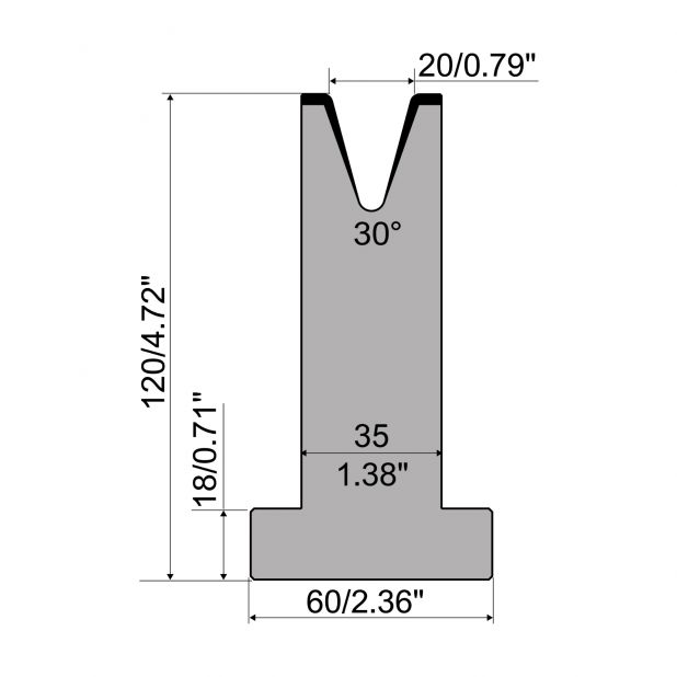 T-Matrize R1 mit Höhe=120mm, α=30°, Radius=2,5mm, Material=C45, Max. Presskraft=500kN/m.
