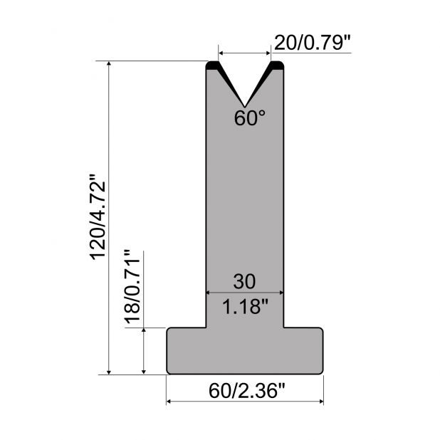 T-Matrize R1 mit Höhe=120mm, α=60°, Radius=3mm, Material=C45, Max. Presskraft=600kN/m.