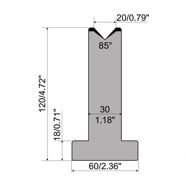 T-Matrize R1 mit Höhe=120mm, α=85°, Radius=3mm, Material=C45, Max. Presskraft=1000kN/m.