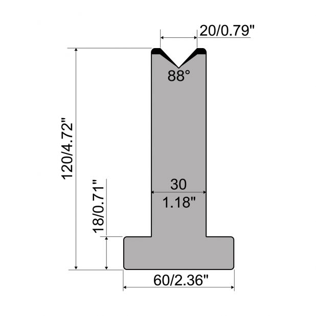 T-Matrize R1 mit Höhe=120mm, α=88°, Radius=3mm, Material=C45, Max. Presskraft=1000kN/m.