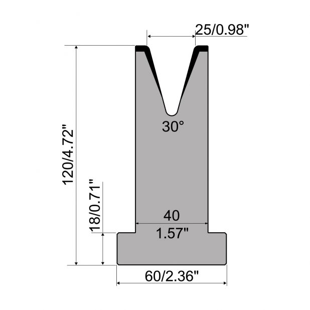 T-Matrize R1 mit Höhe=120mm, α=30°, Radius=3mm, Material=C45, Max. Presskraft=500kN/m.