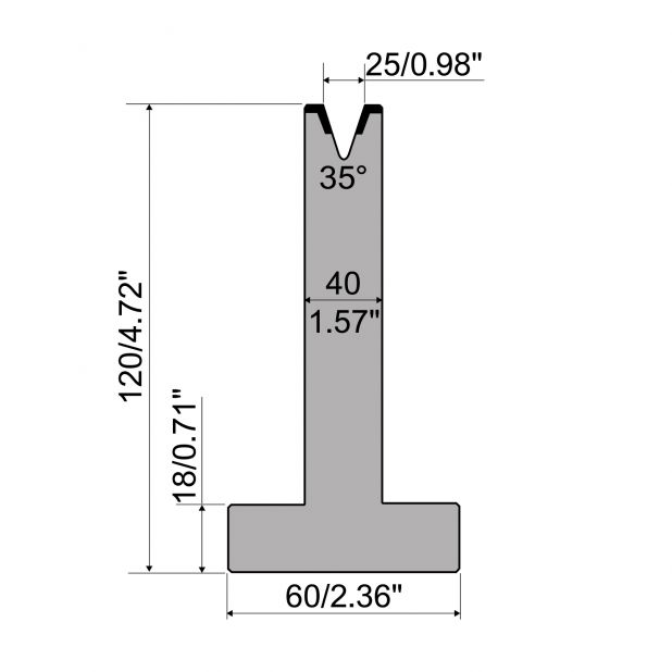 T-Matrize R1 mit Höhe=120mm, α=35°, Radius=3mm, Material=C45, Max. Presskraft=500kN/m.