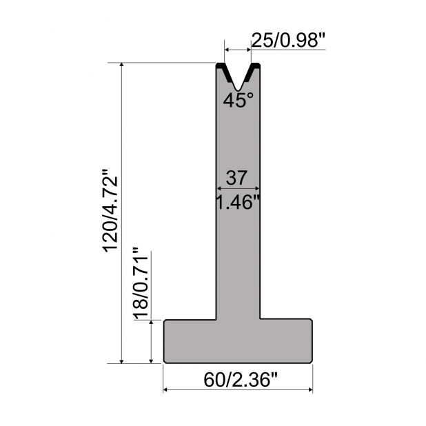 T-Matrize R1 mit Höhe=120mm, α=45°, Radius=3mm, Material=C45, Max. Presskraft=500kN/m.