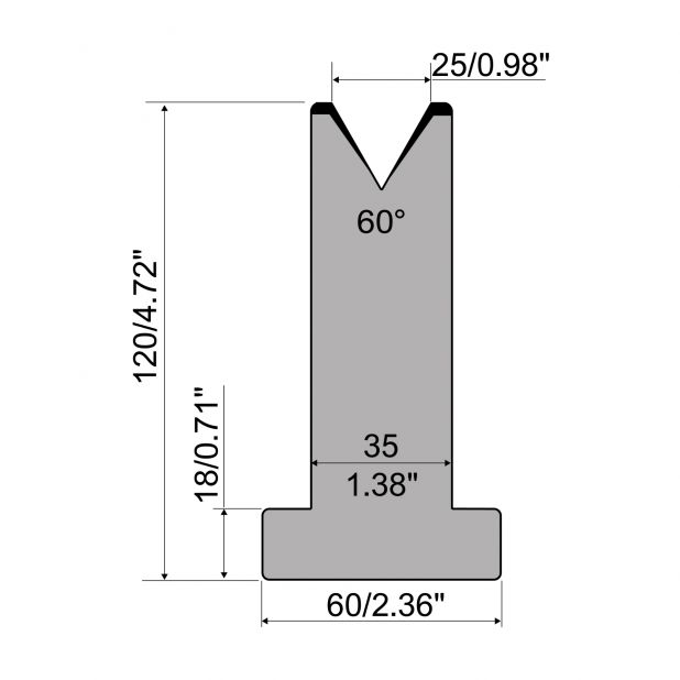 T-Matrize R1 mit Höhe=120mm, α=60°, Radius=3mm, Material=C45, Max. Presskraft=600kN/m.
