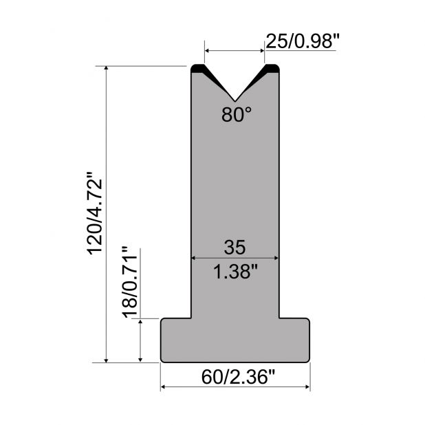 T-Matrize R1 mit Höhe=120mm, α=80°, Radius=3mm, Material=C45, Max. Presskraft=950kN/m.