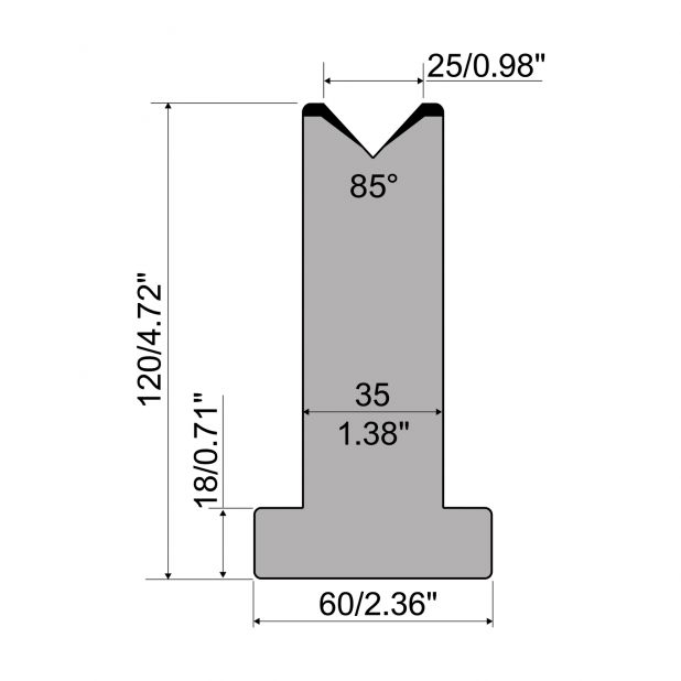 T-Matrize R1 mit Höhe=120mm, α=85°, Radius=3mm, Material=C45, Max. Presskraft=1000kN/m.
