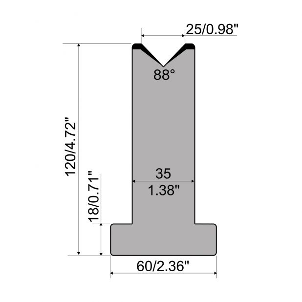 T-Matrize R1 mit Höhe=120mm, α=88°, Radius=3mm, Material=C45, Max. Presskraft=1000kN/m.
