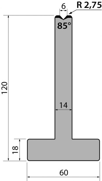 T-Matrize R1 mit Höhe=120mm, α=85°, Radius=2,75mm, Material=C45, Max. Presskraft=1000kN/m.