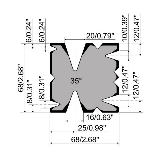 Multi-V Matrize R1 mit Höhe=68mm, α=35°, Material=42Cr, Max. Presskraft=300-500kN/m.
