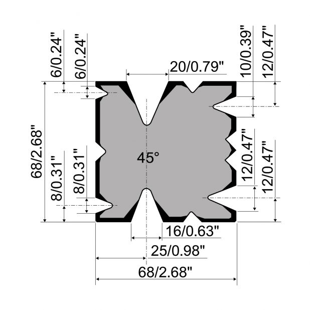 Multi-V Matrize R1 mit Höhe=68mm, α=45°, Material=42Cr, Max. Presskraft=400-700kN/m.