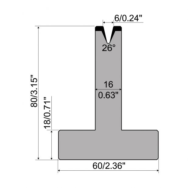 T-Matrize R1 mit Höhe=80mm, α=26°, Radius=0,8mm, Material=C45, Max. Presskraft=200kN/m.