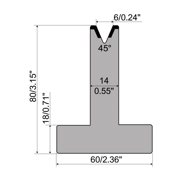 T-Matrize R1 mit Höhe=80mm, α=45°, Radius=0,8mm, Material=C45, Max. Presskraft=500kN/m.