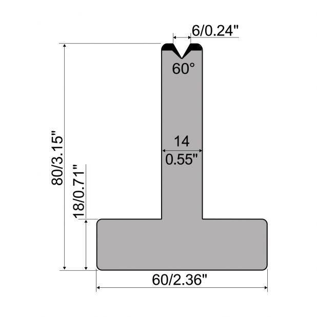 T-Matrize R1 mit Höhe=80mm, α=60°, Radius=1,5mm, Material=C45, Max. Presskraft=600kN/m.